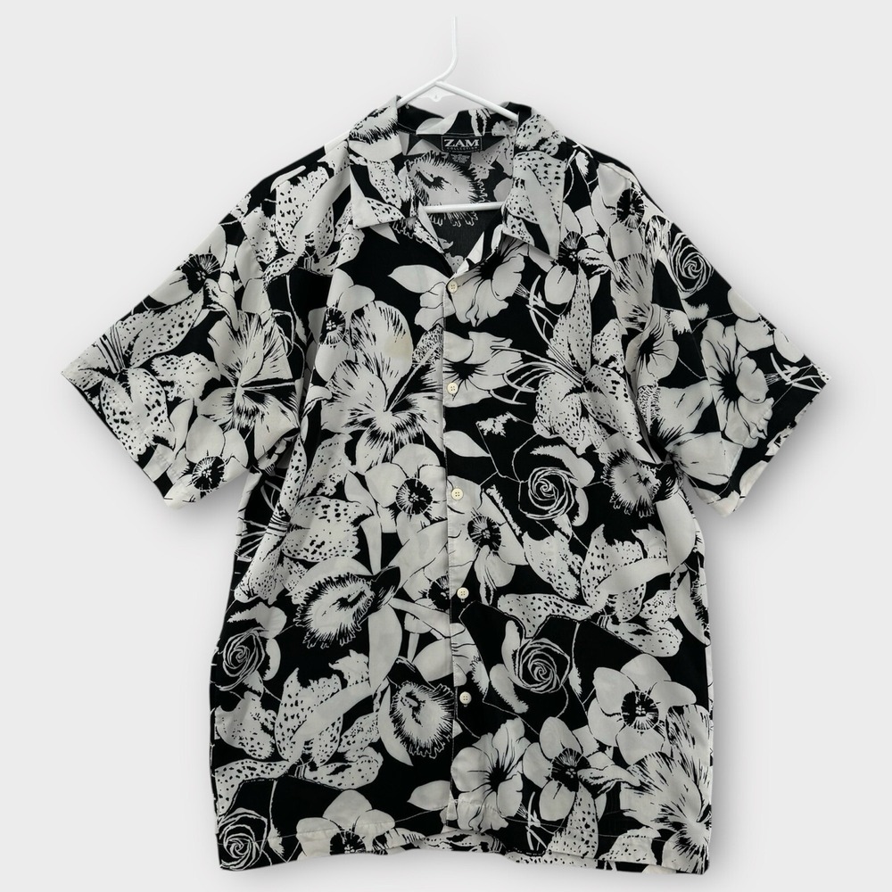 Vintage Zam‎ Collection Hawaiian Shirt Mens Medium Black White Floral Aloha Camp